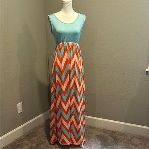 Chevron Maxi Dress in Aqua and Orange